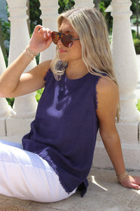 Colorful Days Back Button Linen Top - Navy