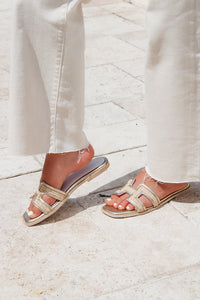 The Chloe Cut Out Raffia Slide Sandal - Gold