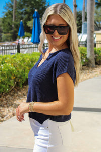 Cool Breeze Split Neck Sweater - Navy