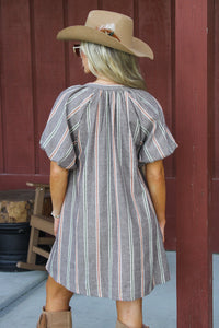 Countryside Cutie Striped V-Neck Mini Dress - Brown