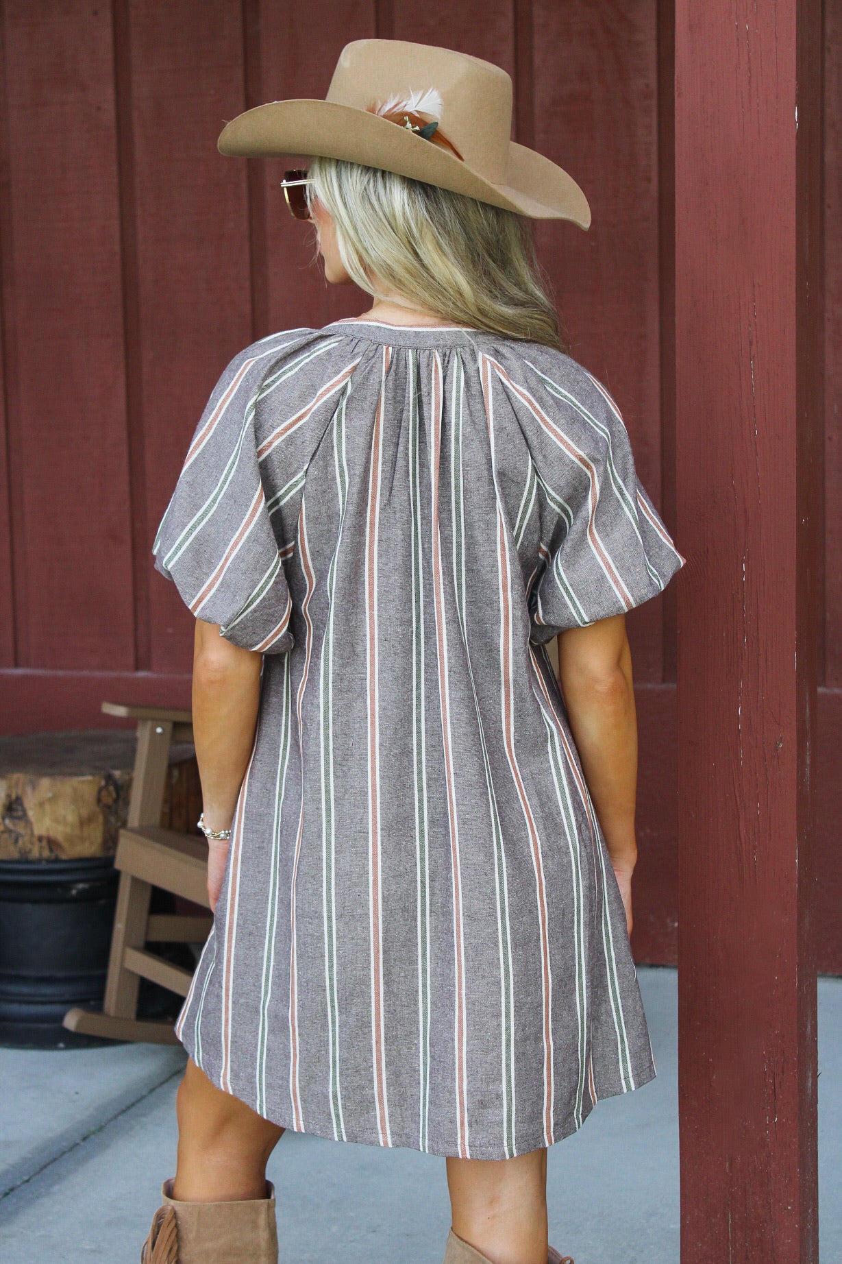 Countryside Cutie Striped V-Neck Mini Dress - Brown