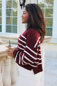 Cozier Times Striped Mock Neck Sweater - Burgundy