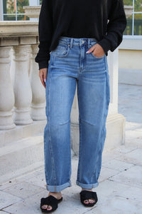 Lianna High Rise Crop Barrel Cuffed Jeans - Med Wash