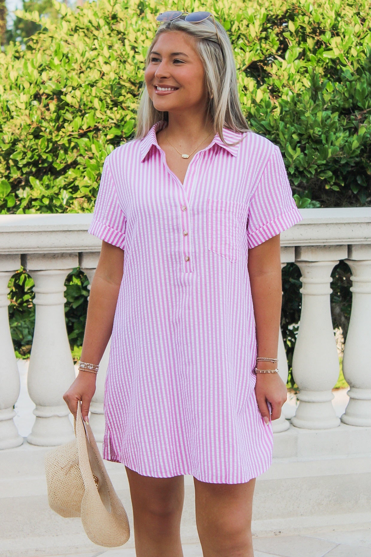 Ready To Sail Seersucker Shirt Dress - Pink/White