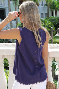 Colorful Days Back Button Linen Top - Navy