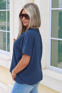 Cute & Casual Waffle Knit Top - Navy