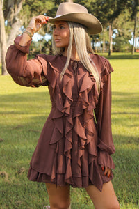 Midnight Romance Ruffled Mini Dress - Dark Mocha