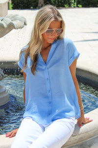 Sunny Days V-Neck Button Down Top - Powder Blue