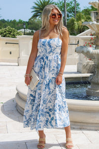 Heading To The Tropics Tiered Midi Dress - Blue/White