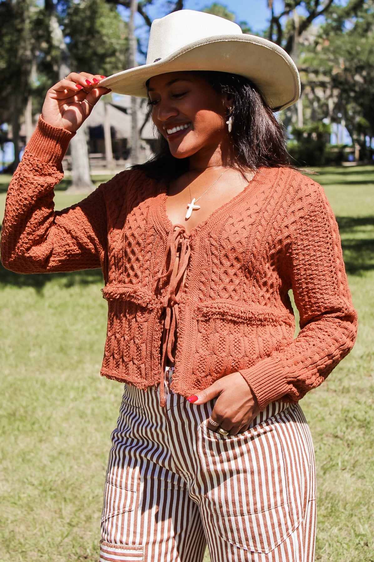 Trendy Days Front Tie Sweater - Cinnamon