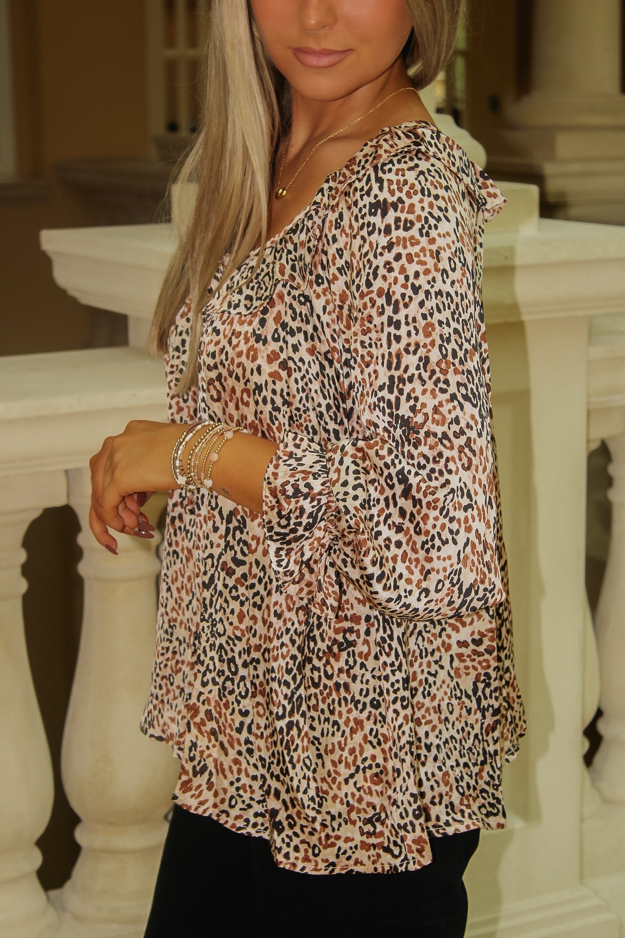 Leopard Lure Ruffle Neck Top - Taupe