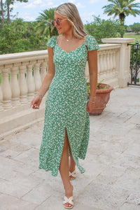 Floral Delight Front Slit Midi Dress - Green