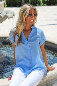 Sunny Days V-Neck Button Down Top - Powder Blue