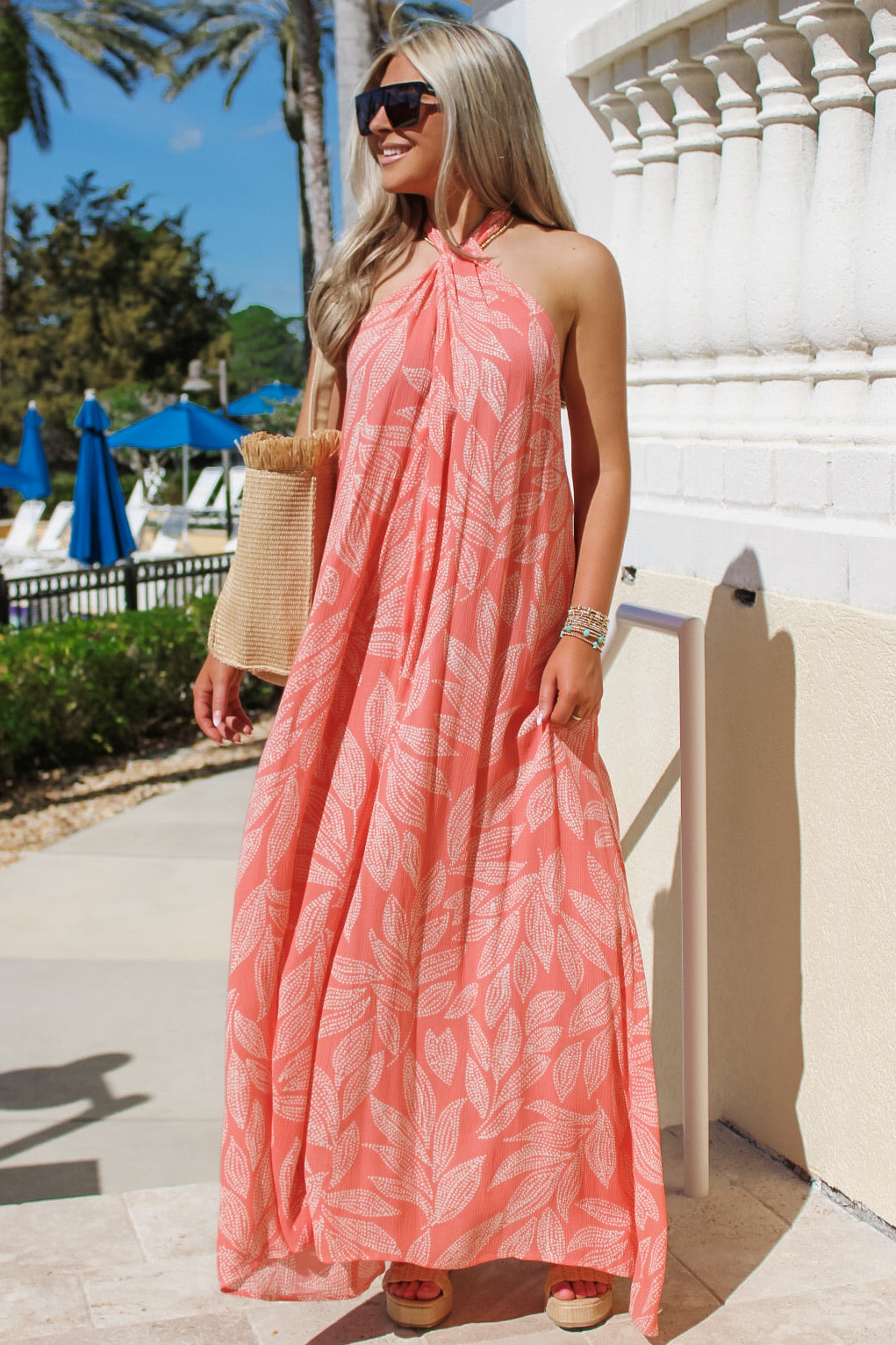 halter dress coral Pink Floral Print Jacquard Halter Dress - Mini Dresses