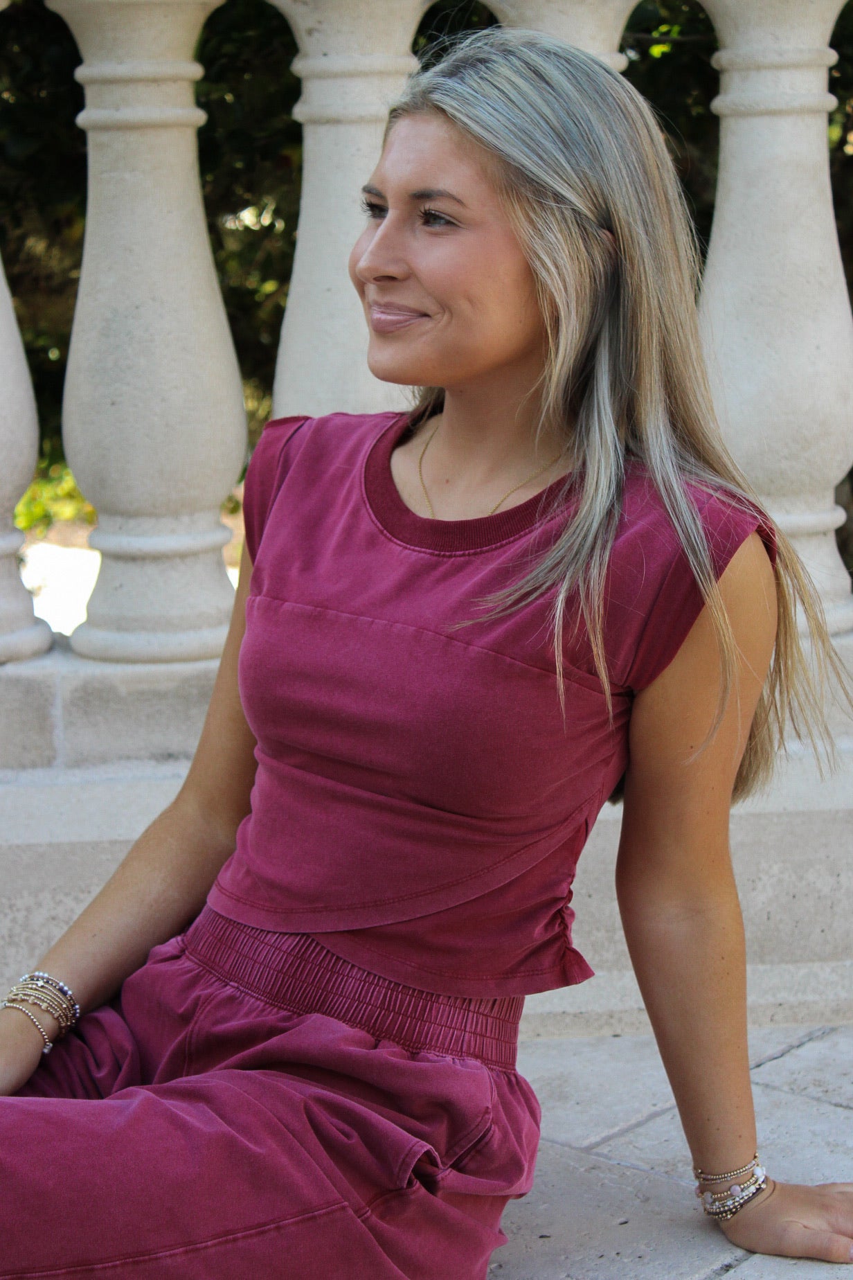 Keepin' It Trendy Mineral Washed Wrap Top - Winterberry
