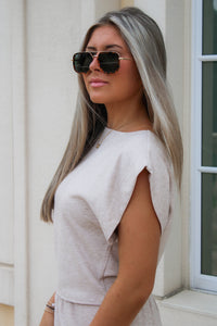 Cindy Strong Shoulder Sleeveless Knit Top - Oatmeal