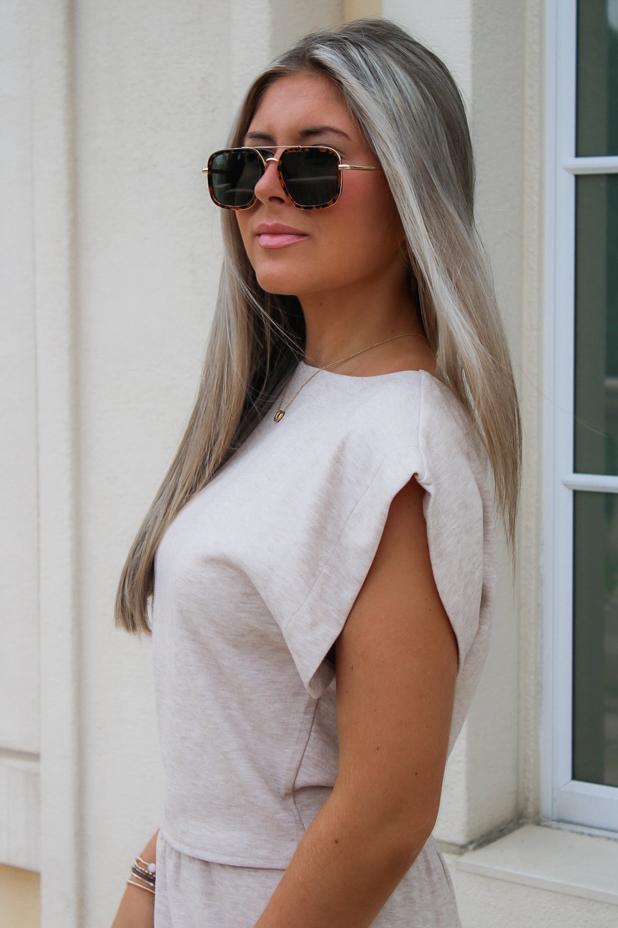 Cindy Strong Shoulder Sleeveless Knit Top - Oatmeal