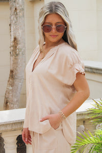 Breezy Oceans V-Neck Smocked Top - Sand