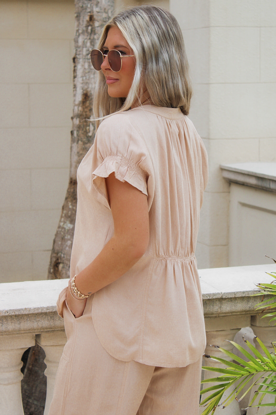 Breezy Oceans V-Neck Smocked Top - Sand
