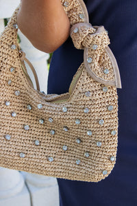Classy Summers Rhinestone Straw Bag - Natural