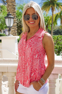 Island Time Button Down Collared Shirt - Pink Paisley