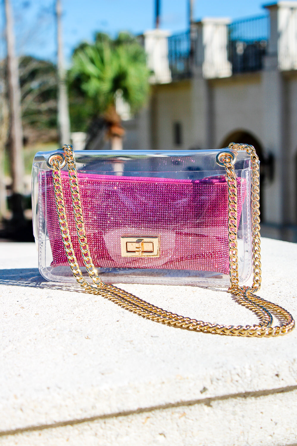 A Classy Look Clear Bag With Rhinestone Clutch - Fuchsia | Makk Fashions