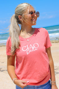 Ciao Bella Crew Neck T-Shirt - Coral