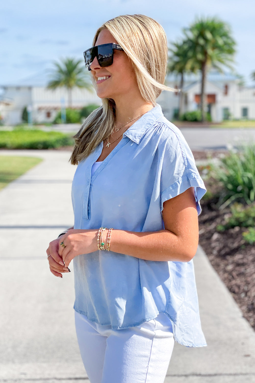A Soft Touch Button Up Collared Top - Blue | Makk Fashions