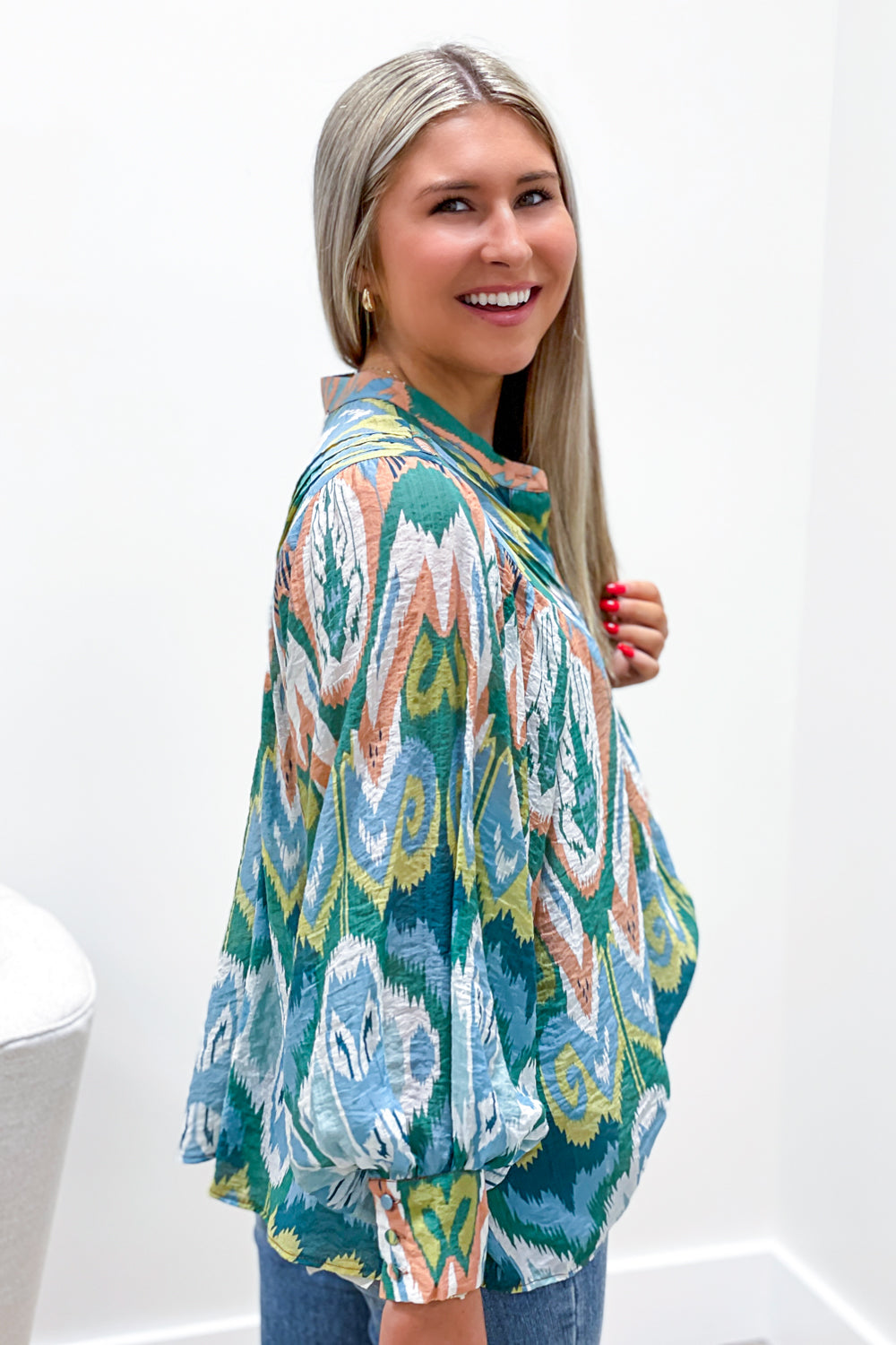 Always Thankful Bubble Sleeve Top - Green Multi | Makk Fashions