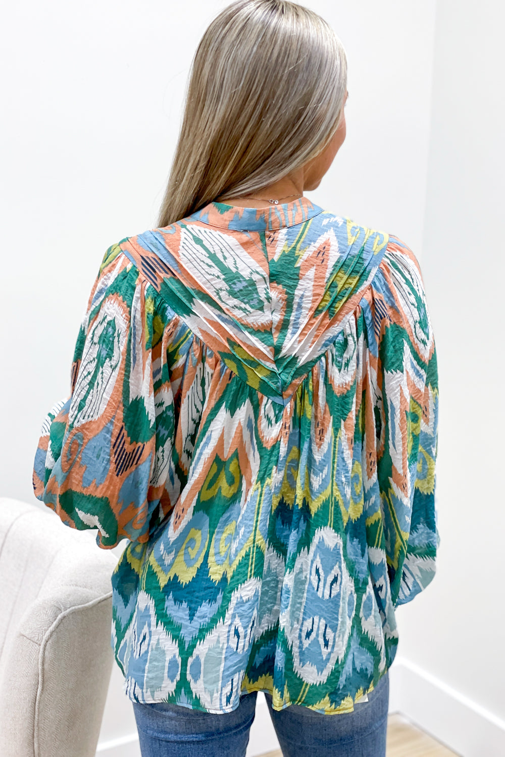 Always Thankful Bubble Sleeve Top - Green Multi | Makk Fashions