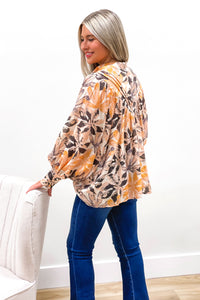 Autumn Leaves Bubble Sleeve Top - Mustard | Makk Fashions
