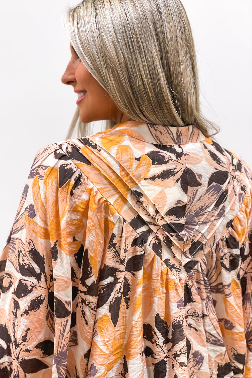 Autumn Leaves Bubble Sleeve Top - Mustard | Makk Fashions