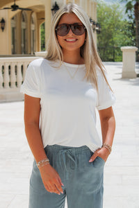 Be Prepared Rolled Sleeve Flowy Top - Off White