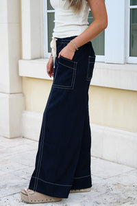 Willow Stitched Contrast Wide Leg Pant - Navy