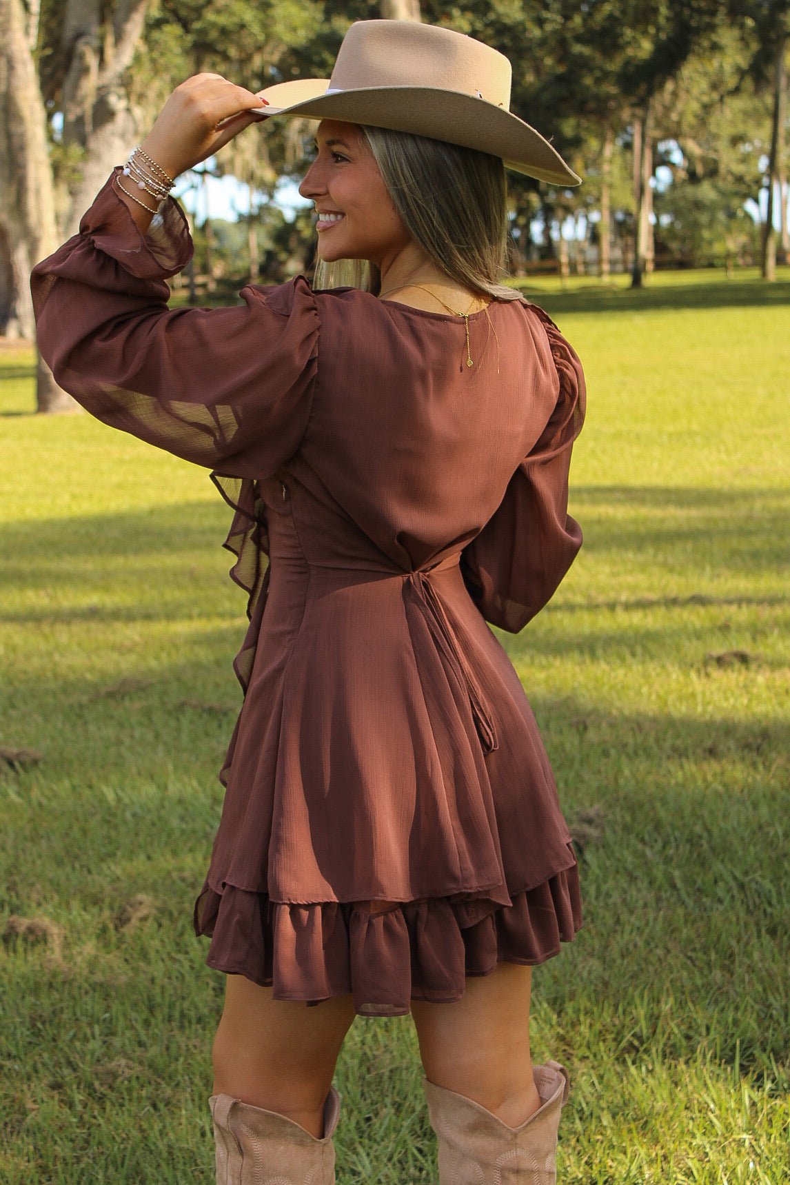 Midnight Romance Ruffled Mini Dress - Dark Mocha