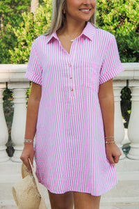 Ready To Sail Seersucker Shirt Dress - Pink/White