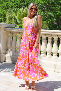 Eyes On Me Open Back Maxi Dress - Orange/Fuchsia