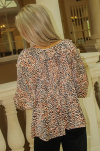 Leopard Lure Ruffle Neck Top - Taupe