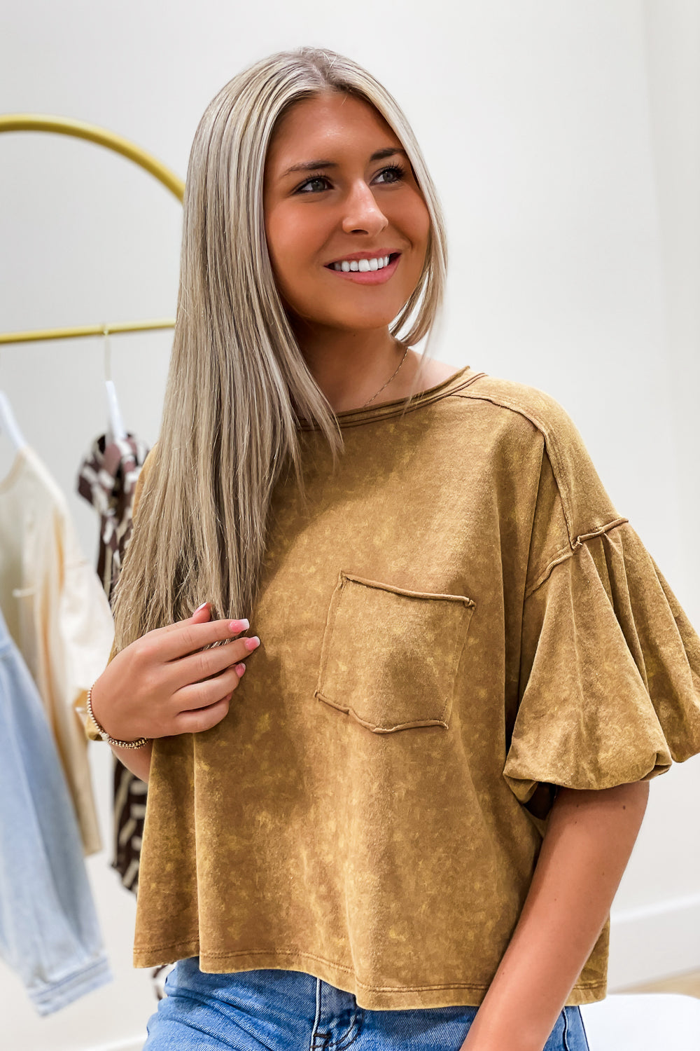 Big Dreams Mineral Washed Puff Sleeve Top - Brown
