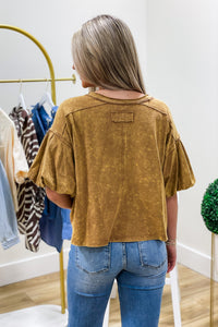 Big Dreams Mineral Washed Puff Sleeve Top - Brown