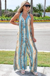 Boho Trends Printed Halter Jumpsuit - Teal/Taupe | Makk Fashions