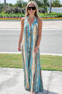 Boho Trends Printed Halter Jumpsuit - Teal/Taupe | Makk Fashions