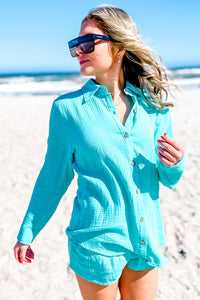 Breezy Summer Days Button Down Top - Aqua | Makk Fashions