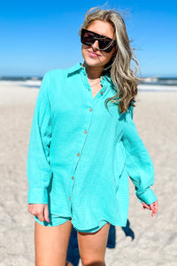 Breezy Summer Days Button Down Top - Aqua | Makk Fashions