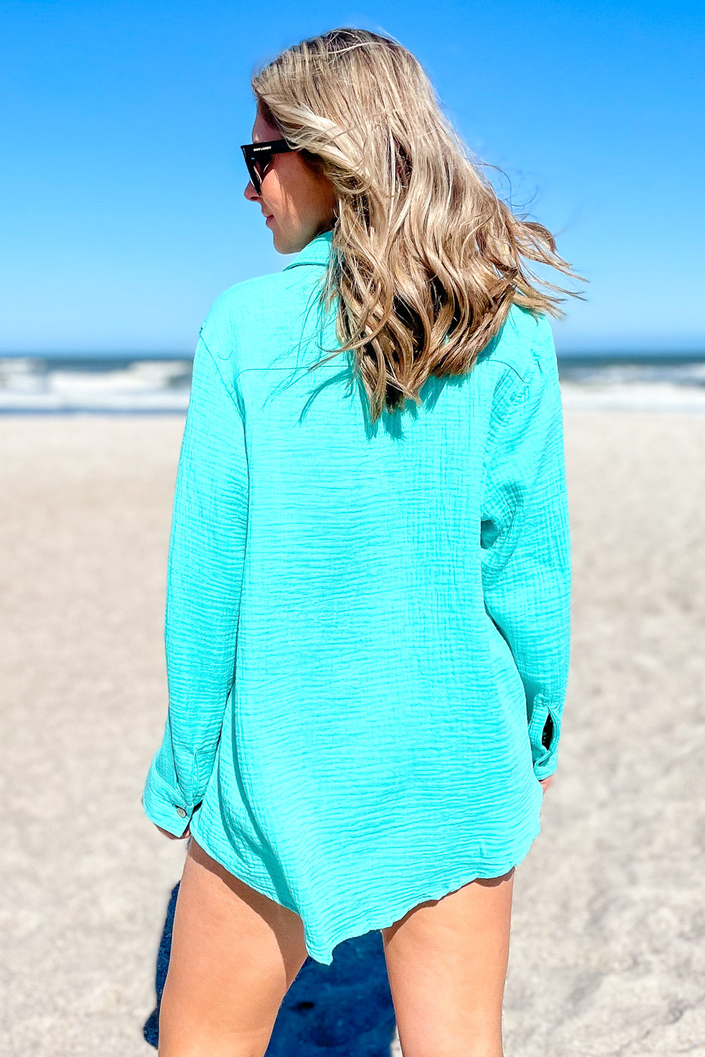 Breezy Summer Days Button Down Top - Aqua | Makk Fashions