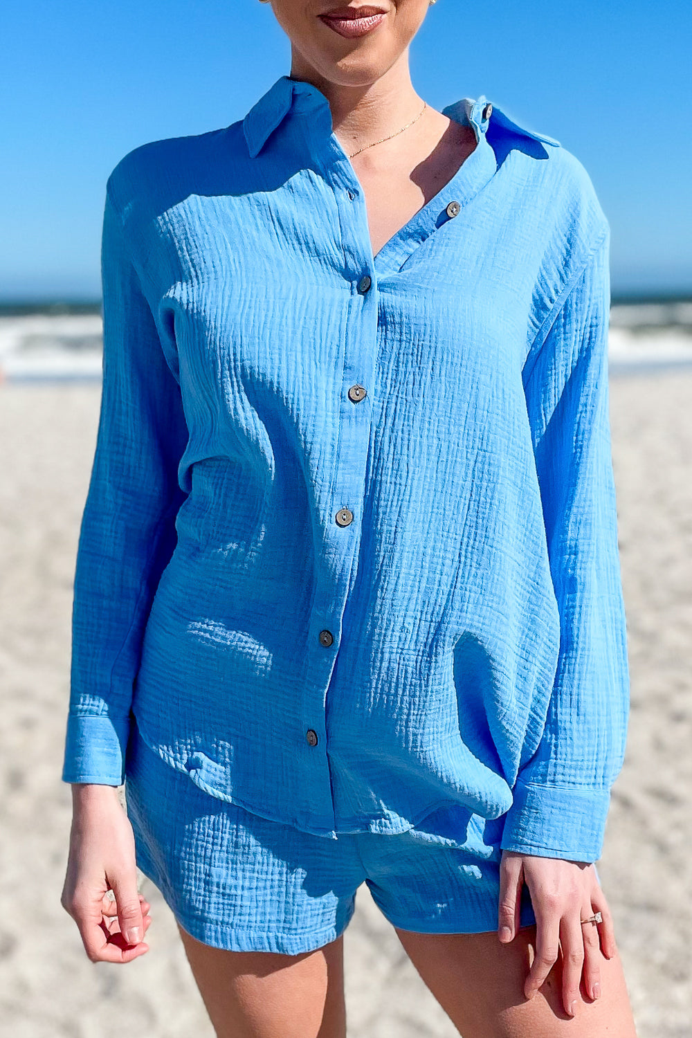 Breezy Summer Days Button Down Top - Ocean Blue | Makk Fashions