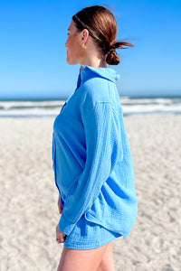 Breezy Summer Days Button Down Top - Ocean Blue | Makk Fashions