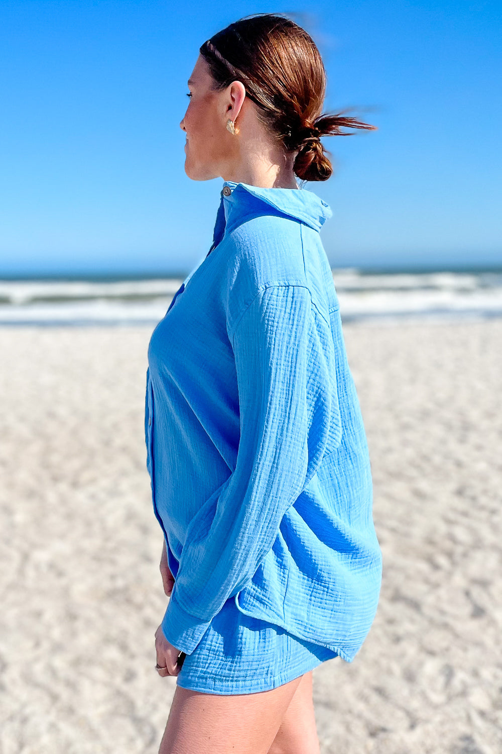Breezy Summer Days Button Down Top - Ocean Blue | Makk Fashions