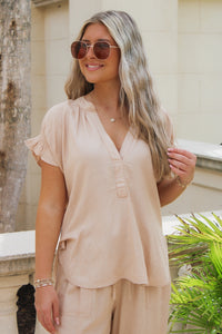 Breezy Oceans V-Neck Smocked Top - Sand
