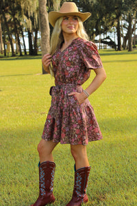 Petal Charm Floral Print Mini Dress - Brown